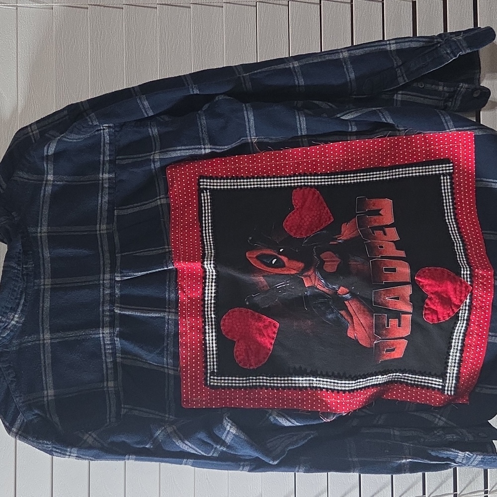 Nautica Blue Windowpane Plaid Button-Down Shirt Altered With Deadpool Shirt